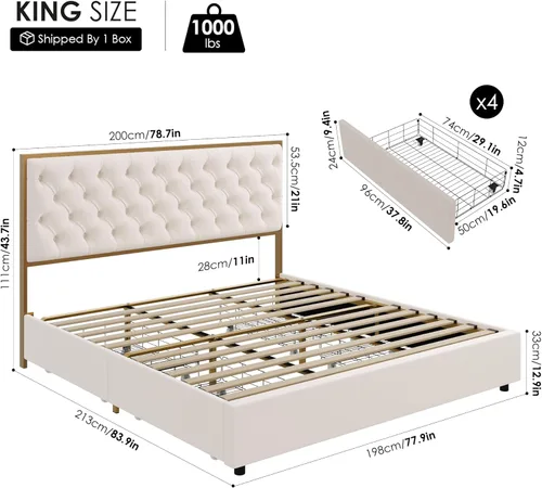 Miniatura 2 de HIFIT Marco de Cama Tapizada King con 4 Cajones de Almacenamiento y Cabecero Acolchado con Botones Hecho a Mano, Cama Plataforma de Almacenamiento