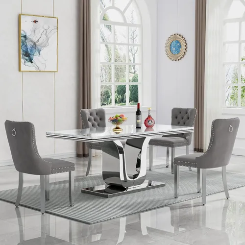 Miniatura 22 de Juego de mesa de comedor de mármol de lujo de 70 pulgadas para 4, juegos de mesa de cocina blanco y dorado para 4, mesa de comedor moderna de mármol