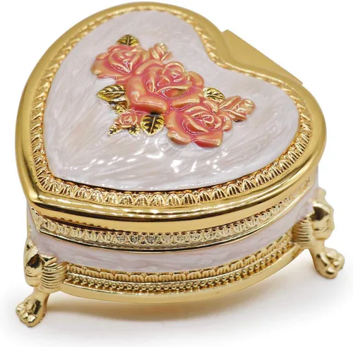 Caja de joyería de metal con forma de corazón clásico vintage, organizador de almacenamiento de baratijas, regalo de Navidad, dorado y rosa
