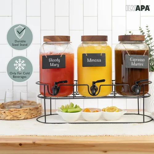 Miniatura 6 de Ilyapa Dispensador de bebidas de vidrio para fiestas - paquete de 3, dispensador triple de bebidas múltiples de 1 galón con soporte, tapas de madera