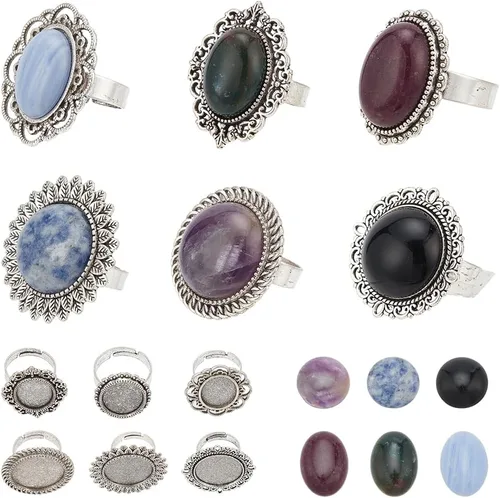 Miniatura 13 de SUNNYCLUE 16 piezas DIY 8 juegos de anillos bisel en blanco piedra natural cabujones estilo antiguo anillo de dedo ajustable componentes en blanco