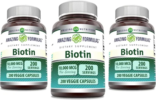 Amazing Formulas Biotin - Cápsulas vegetales de 10000 mcg, suplemento de vitamina B7, sin OMG, sin gluten, fabricadas en Estados Unidos (200