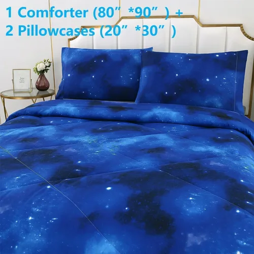Miniatura 2 de SDIII Juego de edredón de 3 piezas azul de la galaxia tamaño matrimonial, edredón suave de microfibra ligero azul y rosa espacial tamaño Galaxia 1