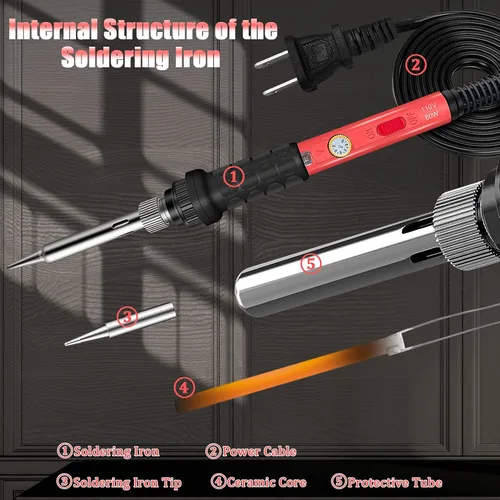 Miniatura 2 de Kit de soldador portátil de 60 W con calentador de cerámica, 5 puntas, soporte, soldadura - para metal, joyería, reparación eléctrica 60w 9-en-1