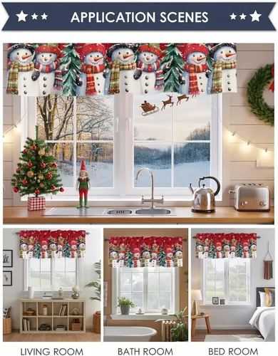 Miniatura 6 de Cenefa de muñeco de nieve de Navidad para ventanas de cocina, cenefas de invierno con bolsillo para barra, cortinas cortas, copos de nieve, bayas