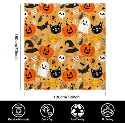 Miniatura 5 de Mocsicka Bonita cortina de ducha de Halloween de 72 x 72 pulgadas, cortina de ducha naranja de dibujos animados de gato y fantasma, cortina de ducha