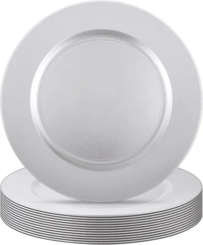 Miniatura 9 de Tanlade 50 Platos Base Plateados al Por Mayor, Plato Base Redondo de Plástico de 13", Platos Base Brillantes Plateados para Mesa, Platos de Servicio