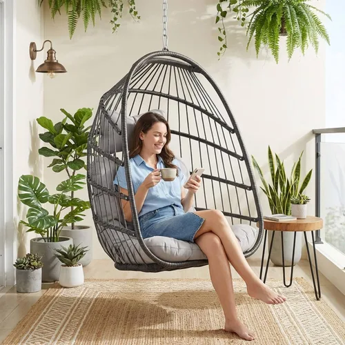 Miniatura 12 de NICESOUL Silla de huevo sin soporte para interiores y exteriores, cómoda silla colgante de mimbre para patio con cojín, hamaca columpio de 350 Beige