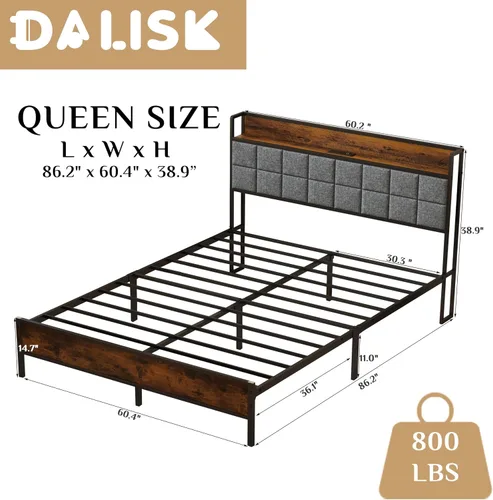 Miniatura 2 de Base de cama tamaño Queen con cabecera y toma de corriente tapizada para respaldo, no requiere somier, fácil de montar, sin ruido