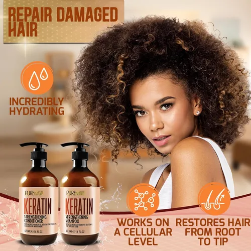 Miniatura 4 de Juego de champú y acondicionador de queratina, tratamiento sin sulfatos ni parabenos para cabello seco, fórmula enriquecida con colágeno