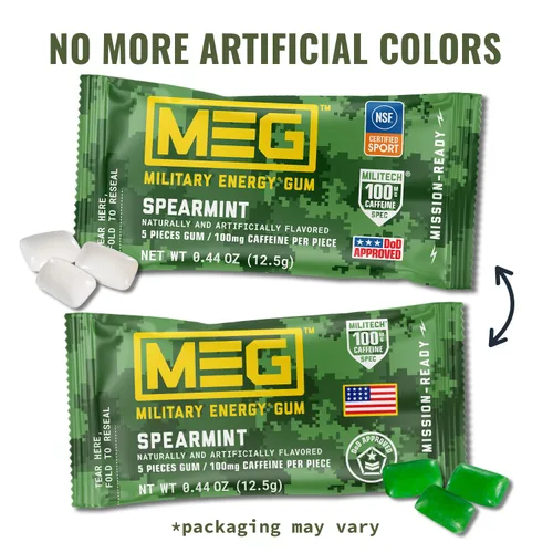 Miniatura 3 de MEG - Goma de mascar de energía militar 100 mg de cafeína por pieza + aumenta la energía + aumenta el rendimiento físico + menta verde paquete