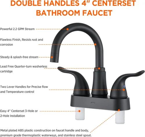Miniatura 4 de KPW Grifo de Lavabo de Baño de 2 o 3 Orificios Negro Mate Centrado de 4 Pulgadas Grifo de Lavabo de Baño de 2 Manijas Chapado sobre Plástico ABS No