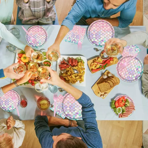 Miniatura 4 de Juego de vajilla de 96 piezas de platos y servilletas de sirena, suministros para fiesta de cumpleaños de sirena, decoración de fiesta de cumpleaños
