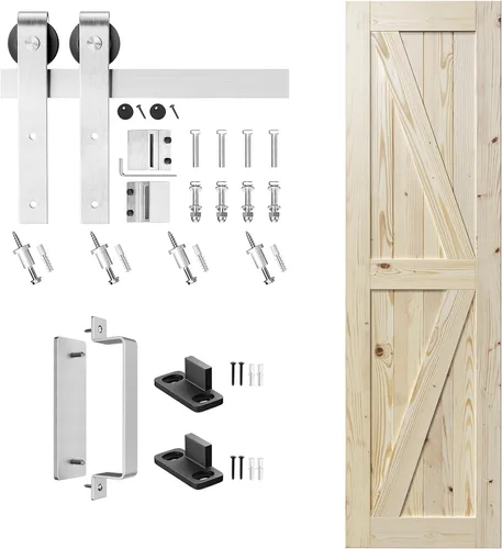 Miniatura 7 de SMARTSTANDARD Puerta corrediza de granero de 24 x 80 pulgadas con kit de herrajes y mango de níquel cepillado de 5 pies, se requiere un montaje