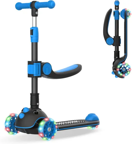 Gotrax KS3 Pro - Monopatín plegable para niños, asiento removible con una sola llave y 3 ruedas PU extra anchas con luces, antideslizante y