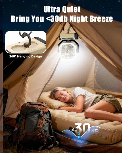 Miniatura 5 de Ventilador de Camping Recargable - Ventilador de 9 Pulgadas Alimentado por Batería, Batería de 20000mAh (60Hrs) Operado por Batería para Camping