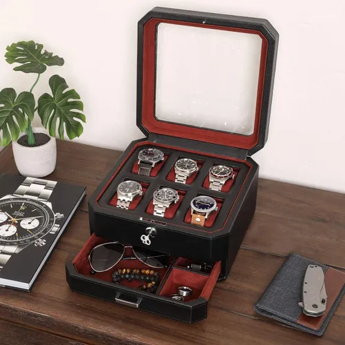 Miniatura 3 de ROTHWELL Caja de reloj de cuero con 6 ranuras y cajón de valet, organizador de exhibición de lujo para relojes, forro de microgamuza, soporte