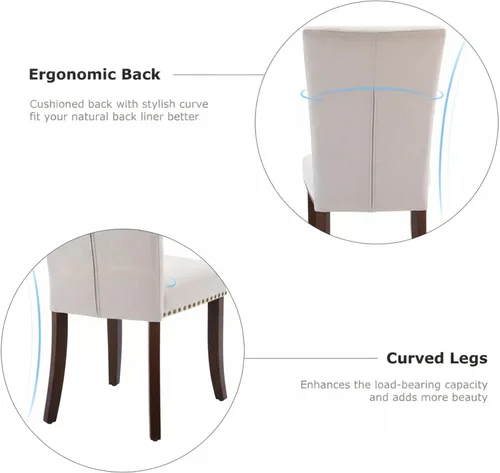 Miniatura 5 de Juego de 2 sillas tapizadas color beige para comedor – Sillas de cocina estilo granja con respaldo alto, patas de caucho sólido, asiento de espuma
