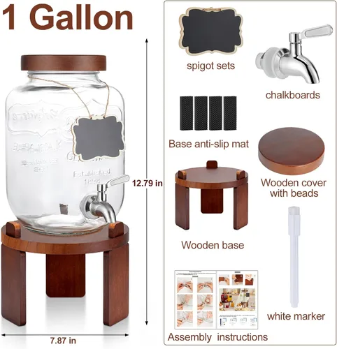 Miniatura 2 de Dispensador de 1 galón para bebidas en fiestas, dispensador de bebidas de vidrio con soporte, dispensador de agua con espiga de acero inoxidable