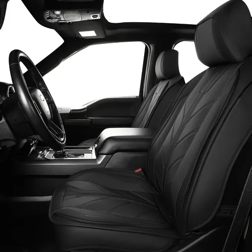 Miniatura 3 de Fundas de asiento de piel sintética de lichi de alta calidad compatibles con Ford F-150 2009-2025, protector de cojín grueso sin laterales para Negro