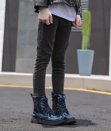 Miniatura 6 de DADAWEN Botas de tobillo con purpurina para niños y niñas, zapatos de combate impermeables con cremallera lateral para niños pequeños, niños grandes