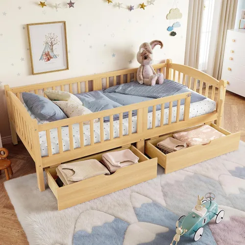 Miniatura 25 de Bellemave Estructura de cama tamaño completo con barandillas de protección y cajones de almacenamiento, camas infantiles de madera estilo Montessori