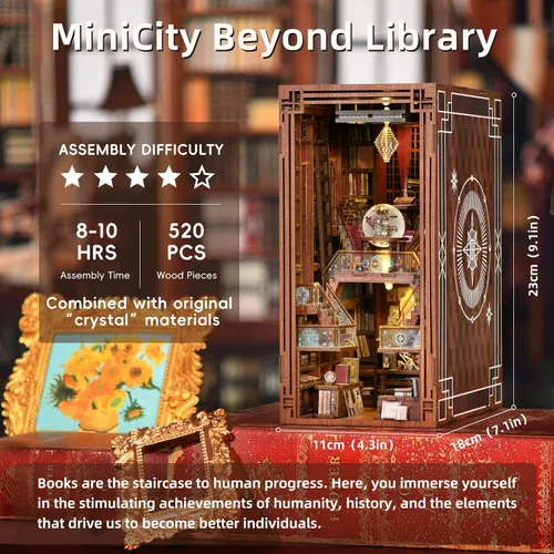 Miniatura 2 de MiniCity - Kit de manualidades para rincón de lectura, estantería de libros, inserto de estantería de madera, rompecabezas 3D, sujetalibros con luz