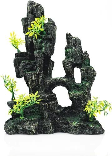 Decoración de acuario – Decoración de pecera con adorno de piedra vista de montaña, ideal para betta, caracoles, tortuga, esconder, escalar,