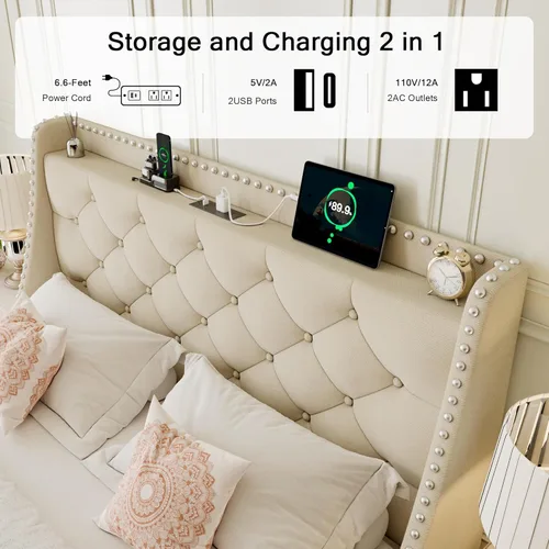 Miniatura 4 de Einhomn Base de cama de tamaño matrimonial con cabecera de almacenamiento copetuda con botones en la parte trasera y puertos tipo CA, plataforma