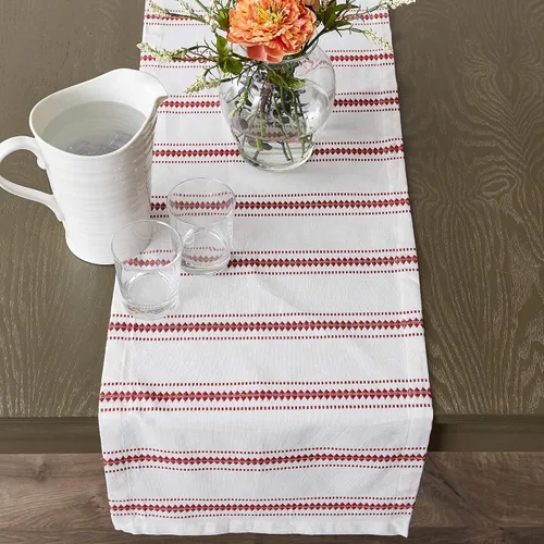 Miniatura 2 de DII Zig Dobby - Colección de mesa, fondo de algodón blanco con rayas adornadas, camino de mesa, 14 x 72 pulgadas, color rojo granero
