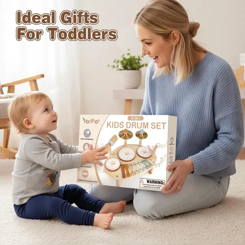 Miniatura 6 de Vanplay Juego de batería para niños pequeños – Juguetes para niñas de 2, 3, 4 años, regalos para niños – 9 en 1 Instrumentos musicales Montessori