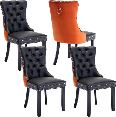 Miniatura 54 de Juego de 4 sillas de comedor de terciopelo, sillas de comedor tapizadas con ribete de cabeza de clavo, patas de madera, anillo de tracción, sillas