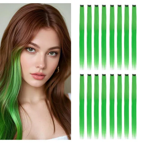 Miniatura 14 de 16 piezas de extensiones de cabello con clip de color púrpura, varios colores, para fiestas, clip en postizo sintético, para Halloween, cosplay