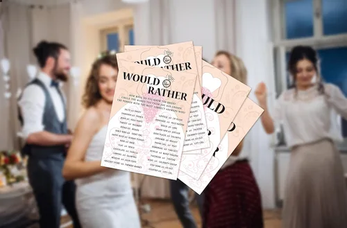 Miniatura 5 de Tarjetas de juego para despedida de soltera, juego de "Would She Rather Game", tarjetas de fiesta de compromiso rosas para boda, juego de 30