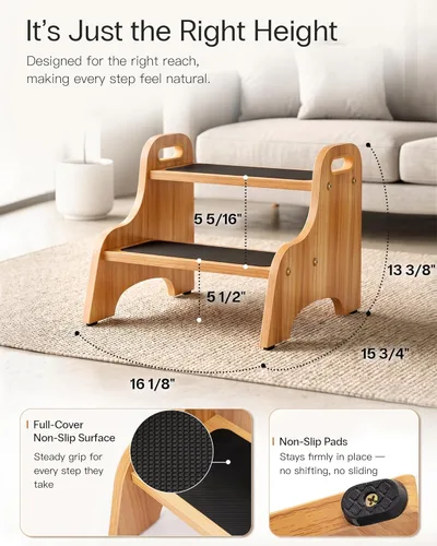 Miniatura 4 de StrongTek Taburetes de madera de 2 escalones para niños, superficie antideslizante segura con asas, capacidad de 350 libras, taburete portátil