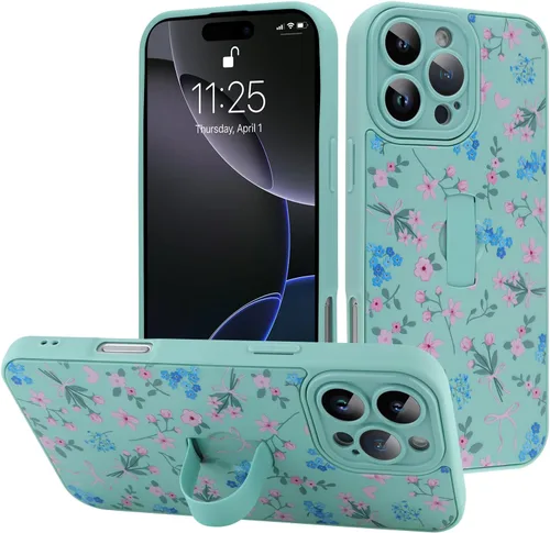 Miniatura 16 de Funda diseñada para iPhone 17 Pro Max con soporte plegable y correa para dedos, bonito patrón de lazo de corazón de flor rosa para mujeres y niñas