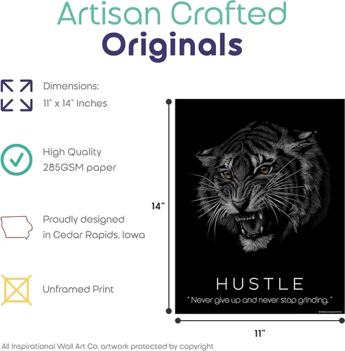 Miniatura 2 de Inspirational Wall Art Co. - Hustle - Pósteres con citas motivacionales de éxito de Tiger Focus - Impresión para el hogar, oficina, negocios