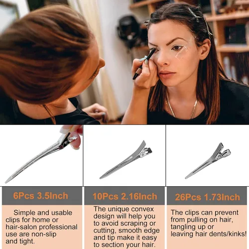 Miniatura 3 de HiJeaton 42 piezas de pinzas para el pelo de metal plateado con pico de pato para peinar y separar, pinzas largas de pico de pato, rulos de pinza
