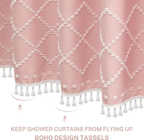 Miniatura 3 de Siiluminisoy Cortina de ducha bohemia rosa con textura y borlas de 72 x 72 pulgadas con tul, cortina de ducha de chenilla tejida con rayas chevrón