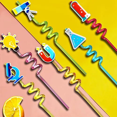 Miniatura 4 de 24 popotes con forma de temática científica reutilizables de plástico, pajitas de cóctel para bebidas con decoraciones de dibujos animados, Ciencia