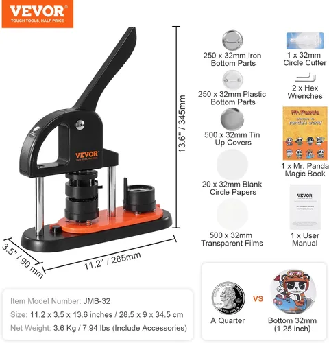 Miniatura 7 de VEVOR - Máquina para hacer botones, 32mm/1.25 pulgadas con 500 piezas de botones, kit de prensa de punzón con mango ergonómico en arco, máquina