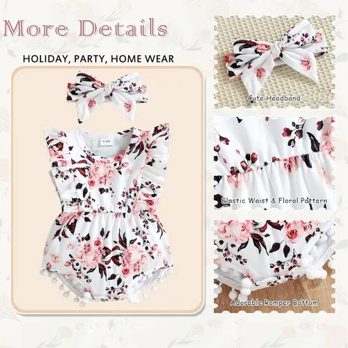 Miniatura 5 de Hascloth Newborn Baby Girl Romper Infant Tassel Bodysuit Floral Dress Shorts Jumpsuit Ruffle Sleeveless Onesie Clothes Outfit