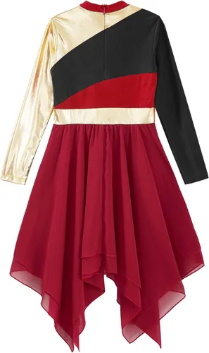 Miniatura 4 de JEATHA Vestido tipo túnica asimétrica de alabanza metálica brillante de manga larga para niños y niñas, disfraz de baile contemporáneo lírico