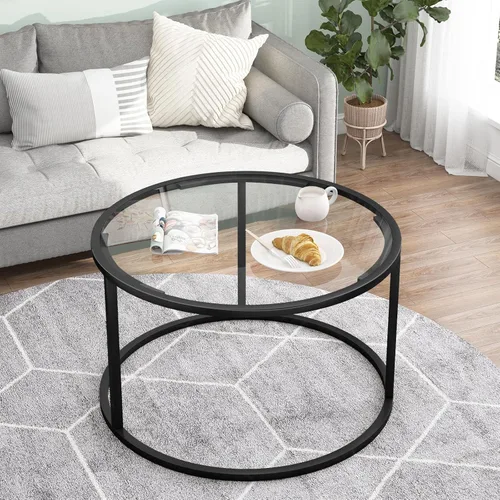 Miniatura 6 de Mesa de café redonda, pequeña mesa de café negra para sala de estar, mesa central moderna de 27" con tapa de vidrio transparente y marco de metal
