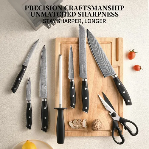 Miniatura 2 de NANFANG BROTHERS Damascus - Juego de cuchillos de cocina de 14 piezas con tijeras y afilador, acero de damasco VG10, mango ergonómico ABS, Negro