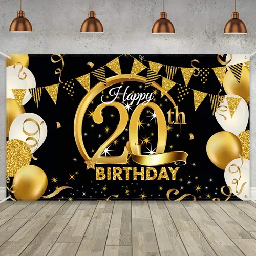 Miniatura 10 de Decoración de fiesta de cumpleaños número 15, cartel póster de tela extra grande negro y dorado para telón de fondo de cabina de fotos