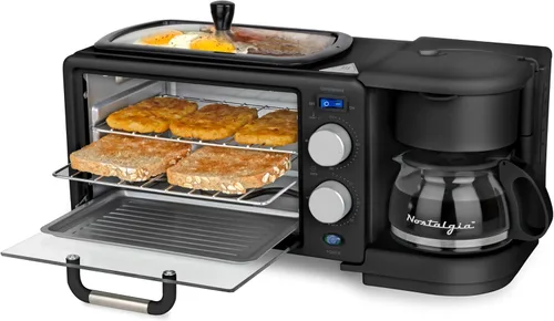 Miniatura 9 de Nostalgia Estación de desayuno retro 3 en 1, incluye cafetera de 5 tazas, plancha de cerámica antiadherente y horno tostador de 4 rebanadas, Rojo