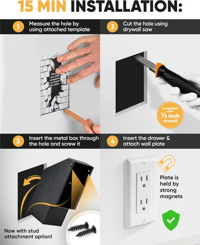 Miniatura 2 de Elder Welder® Caja fuerte de pared oculta con toma eléctrica Placa de pared 100% real incluida Fácil de instalar Caja fuerte oculta