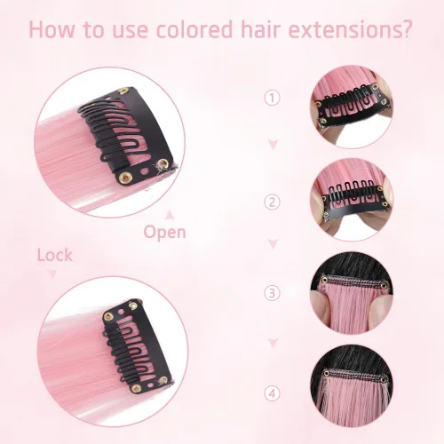 Miniatura 5 de 12 extensiones de cabello sintético con clip de color de 20 pulgadas de largo, lacio, con reflejos para fiestas, para mujeres y niñas