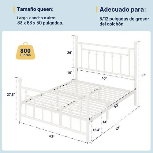 Miniatura 2 de Allewie Armazón de Cama de Plataforma de Metal de 14 Pulgadas Tamaño Queen con Cabecera y Pie de Cama Vintage Victoriano/Base de Blanco
